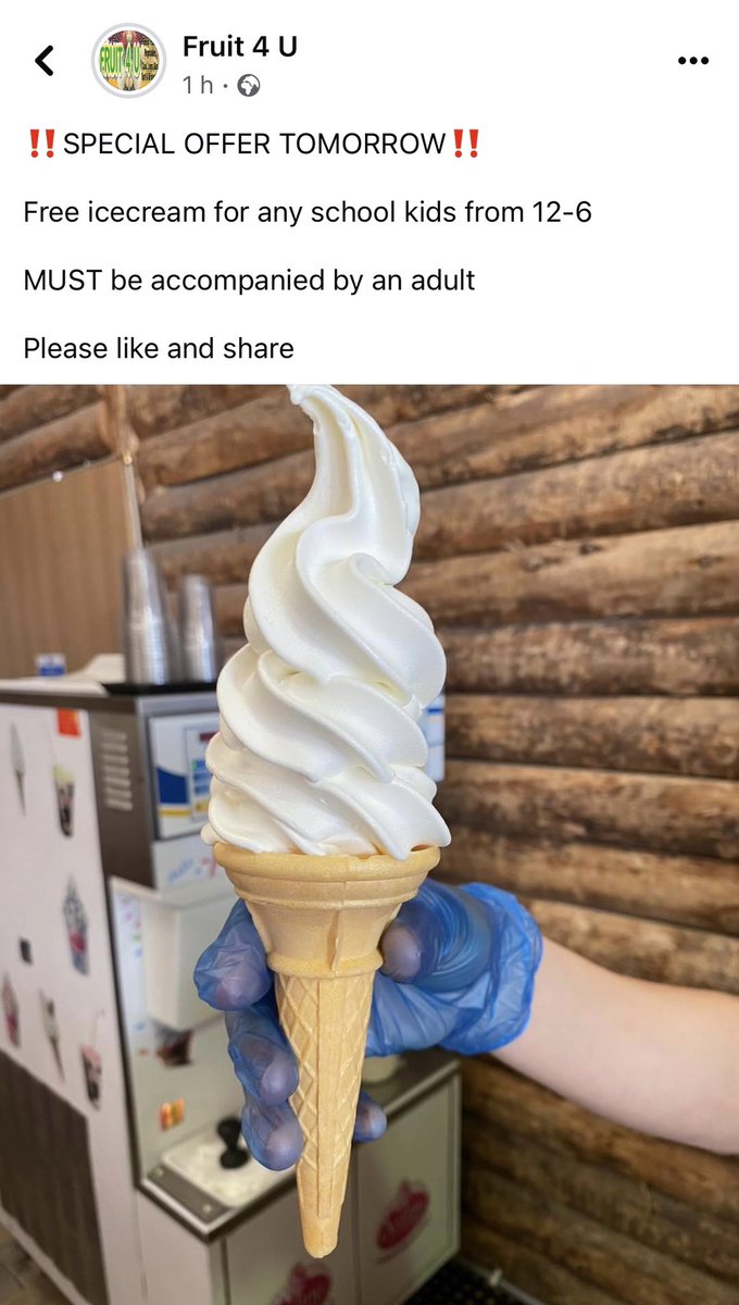 ‼️SPECIAL OFFER‼️
FREE ICECREAM FOR ALL SCHOOL KIDS FROM 12-6 TOMMOROW (1st SEPTEMBER).
MUST BE ACCOMPANIED BY AN ADULT.
PLEASE LIKE SHARE AND TELL ALL YOUR FRIENDS ABOUT THIS FANTASTIC OFFER🍦😁
#Icecream