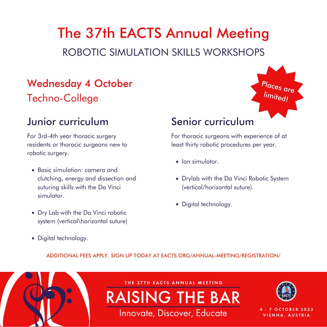 EACTS's tweet image. Places are limited for our NEW robotics workshops at #EACTS2023! 🤖 Our Robotics Room will offer an opportunity to test drive the latest in #robotictechnology - the Intuitive Surgical Da Vinci Xi systems and the new endobronchial navigation system, Ion👇
bit.ly/3Q1DTGw