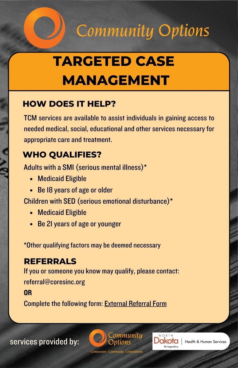 ComOptAndrea's tweet photo. Targeted case management helps Medicaid-eligible adults with a serious mental illness and Medicaid-eligible children with a serious emotional disturbance access care. Call Community Options ND at 1-800-823-2417 or email referral@coresinc.org #ComOptND #help #helpfulresources https://t.co/xtZzGDyDpP