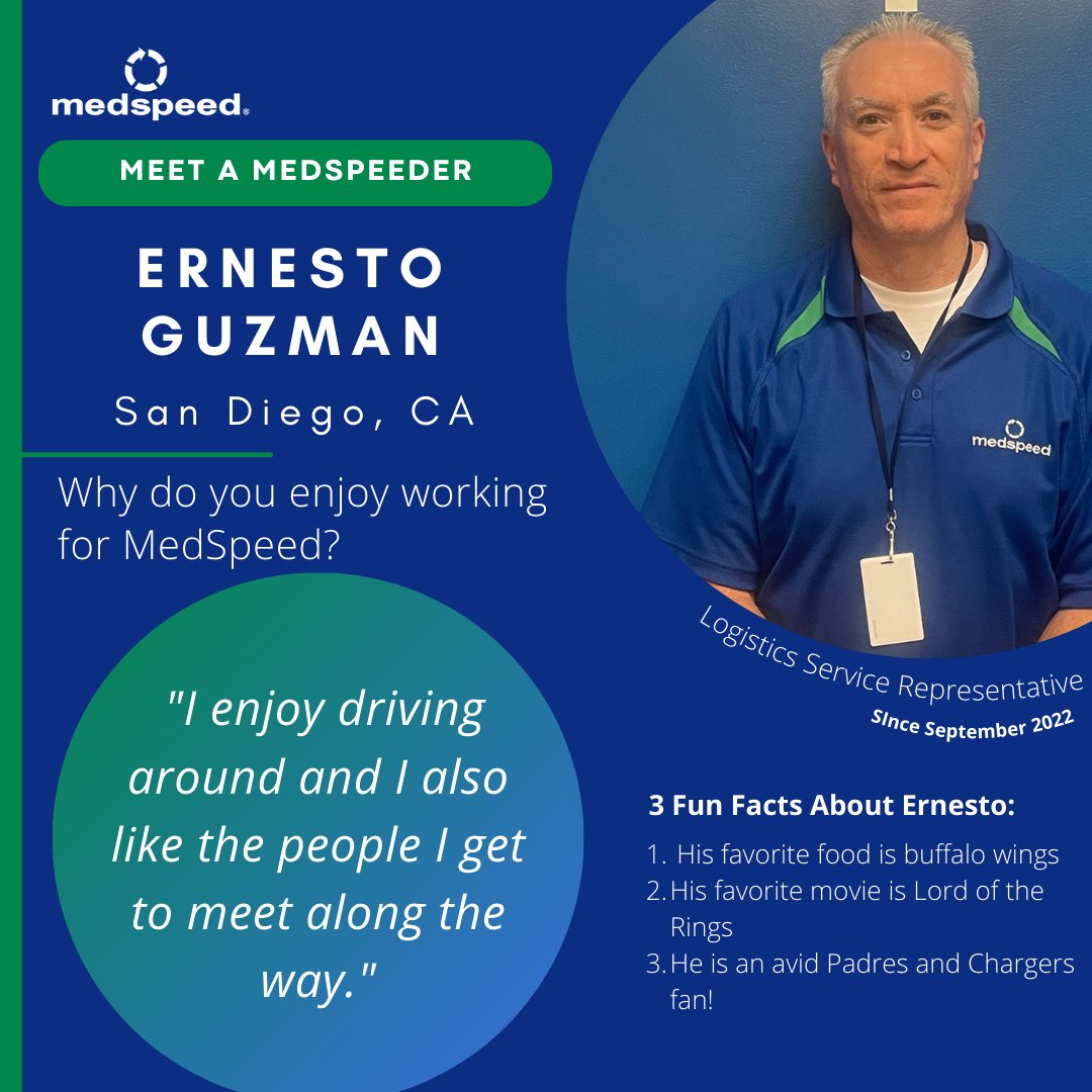 MedSpeed's tweet image. Meet this month’s Meet a MedSpeeder, Ernesto Guzman! Ernesto has been a part of the San Diego MedSpeed team since September 2022. When he is not working, Ernesto can be found rooting for the Padres and Chargers. #MeetAMedSpeeder #healthcarelogistics #MedSpeed