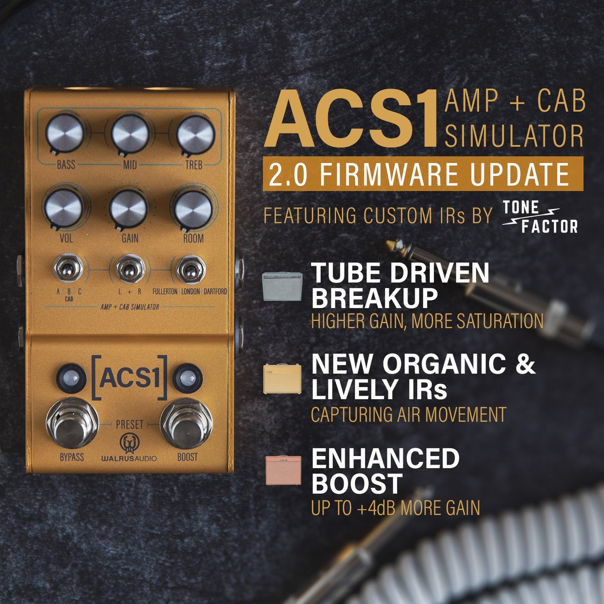 The ACS1 gets some massive love today with the 2.0 Firmware update!
• Custom IRs created by our friends at <a href="/ToneFactor/">Tone Factor</a>
• Re-built from the ground up amp models with much higher gain than before
• Enhanced Boost
Head over to walrusaudio.io to update yours right now!