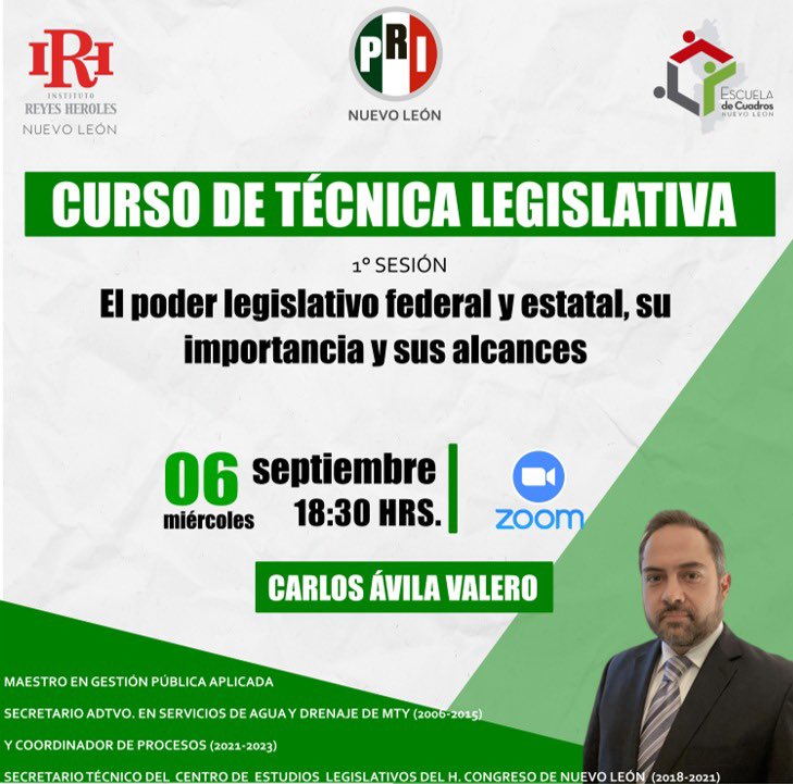 El <a href="/IRHnuevoleon/">Instituto Reyes Heroles Nuevo León</a> los invita a formar parte del Curso de Técnica Legislativa, en su primera sesión, la cual será presentada por el Lic. Carlos Ávila Valero. 

🗓️ 06 de septiembre
⏰18:30 horas 
📲Inscríbete aquí: cutt.ly/IwkSRsC6

#SomosReyesHeroles 🇲🇽