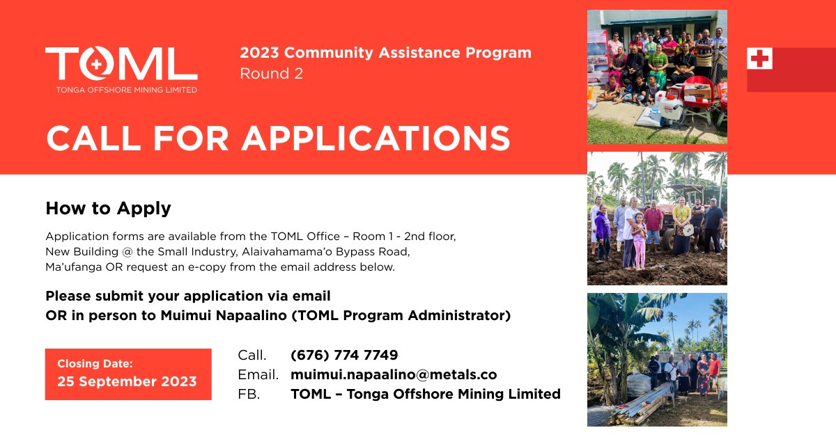 TOML - Tonga Offshore Mining Limited (@toml_tonga) on Twitter photo 'Oku fiefia 'a e TOML ke fakahoko 'a e Kole Tokoni Langa Fakalakalaka hono 2 ki he 2023 ma'ae kominiuniti 'i ha ngaahi 'elia kehekehe. Ko e tohi kole kotoa pe ke โimeili mai kia Muimui.napaalino@metals.co pe ko hono fakahu ki homau โofisi kimuโa he โaho 25 Sepitema. 'Oku fiefia 'a e TOML ke fakahoko 'a e Kole Tokoni Langa Fakalakalaka hono 2 ki he 2023 ma'ae kominiuniti 'i ha ngaahi 'elia kehekehe. Ko e tohi kole kotoa pe ke โimeili mai kia Muimui.napaalino@metals.co pe ko hono fakahu ki homau โofisi kimuโa he โaho 25 Sepitema.