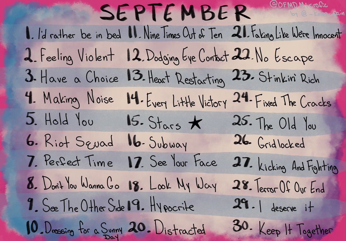 ofmdmicrofic's tweet photo. We're back baby! September Microfics

Tag @ofmdmicrofic when you participate so that I can rt you :)

Prompts also in alt text

Everyone is obligated to post for the 28th because that's my birthday https://t.co/EOMoibY2kV