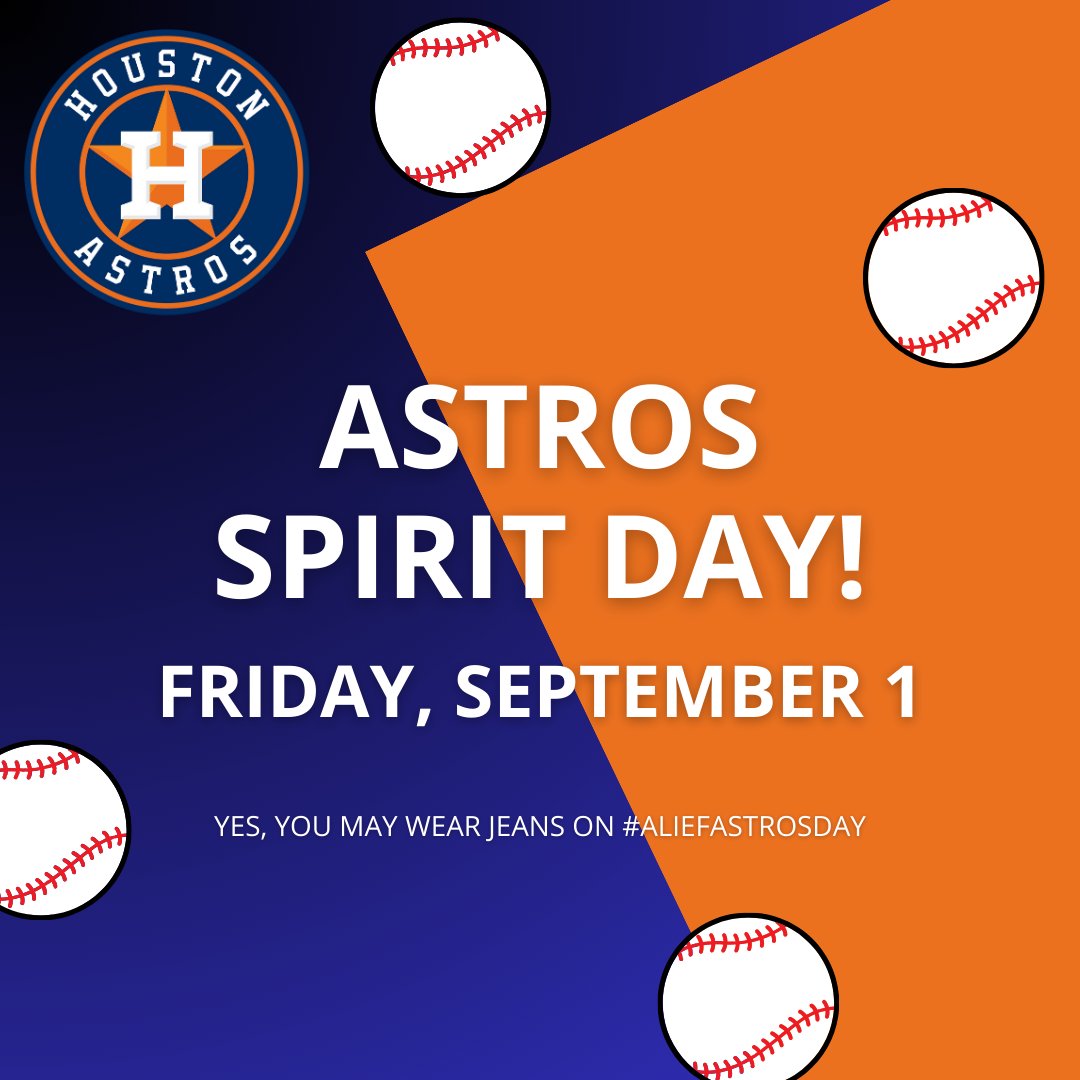 Alief ISD (@aliefisd) on Twitter photo Friday, September 1 will be Astros Spirit Day in Alief ISD! Students and staff are welcome to wear their team shirts. Let’s Go Astros! #AliefAstrosDay Friday, September 1 will be Astros Spirit Day in Alief ISD! Students and staff are welcome to wear their team shirts. Let’s Go Astros! #AliefAstrosDay