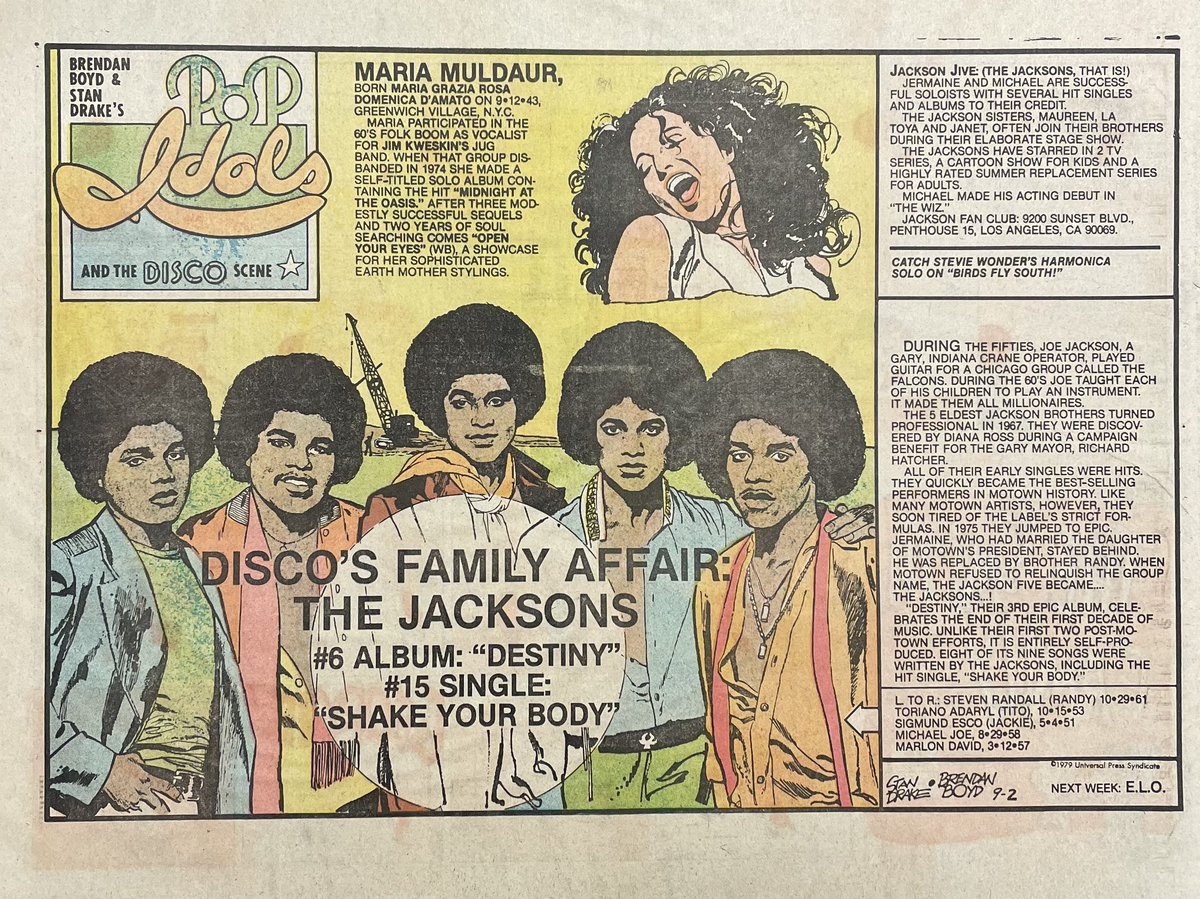 Check out this groovy newspaper feature! Created by Stan Drake and Brendan Boyd, “Pop Idols and the Disco Scene” was a newspaper feature that highlighted pop idols and only ran from April 1979 to January 1980. Part of the San Francisco Academy of Comic Art Collection.