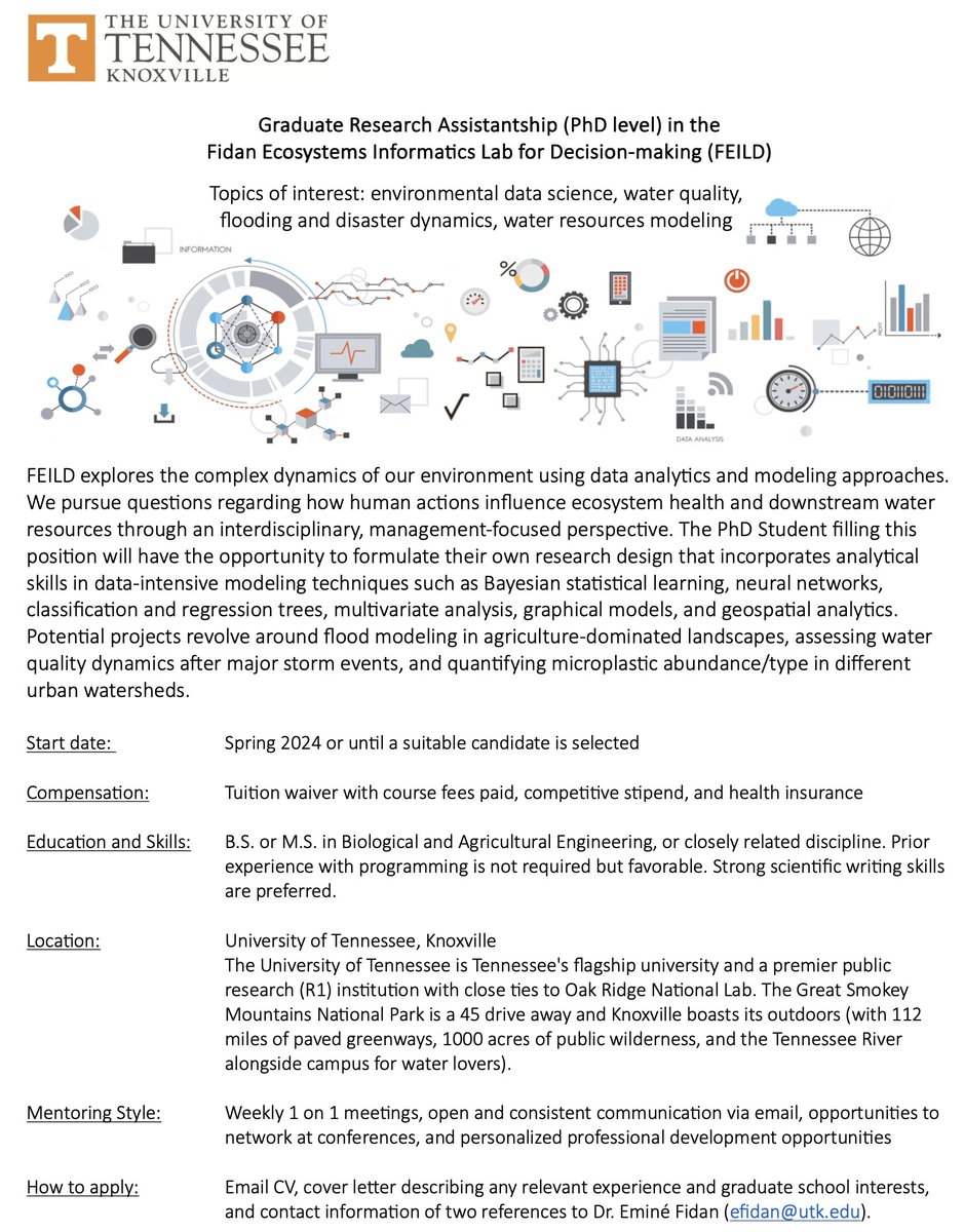 Amazing opportunity to work with a super cool researcher (me) and learn/apply data analytics!! 
I am looking for a PhD Student with a background in Biosystems Engineering (or similar discipline) to join the Fidan Ecosystems Informatics Lab for Decision-making (FEILD)! Info below: