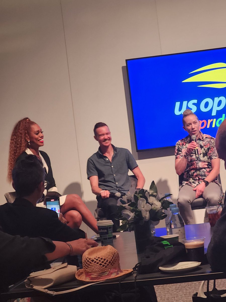 CaseyJPick's tweet photo. So excited to be at the @usopen for #OpenPride Day. Hearing champions like @Lavernecox, @JoannaLohman & @TheChrisMosier tell their stories at the beautiful @BillieJeanKing tennis complex means so much. Proud to rep @TrevorProject in this space! #LetKidsPlay #RepresentationMatters https://t.co/4xh9A1NRDS