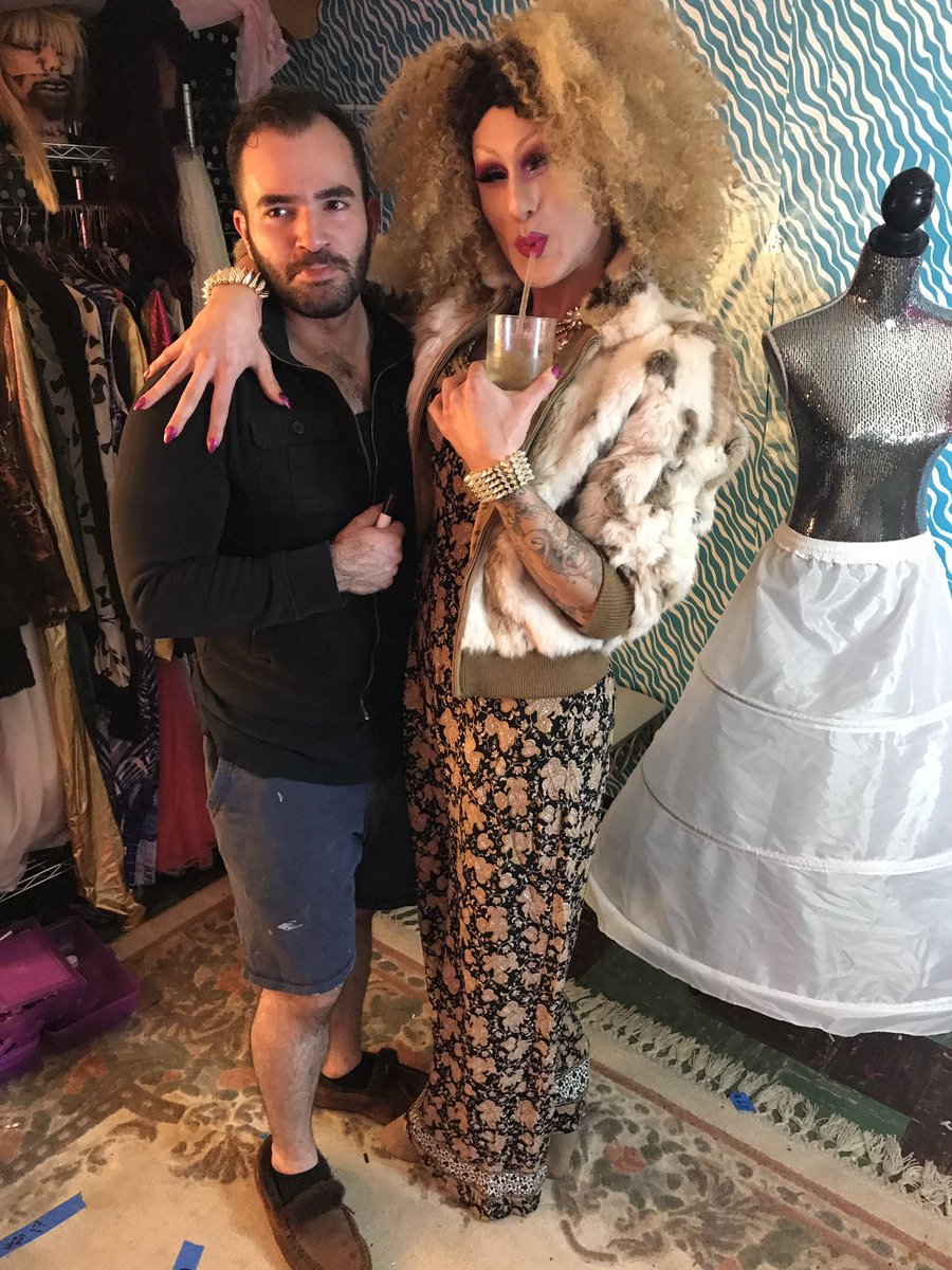 deathdropgorge's tweet photo. The Janet vs Gloria showdown was one of the first scenes we filmed. We fashioned a room in our basement with wrapping paper, streamers, drag queen donations, Craigslist finds, etc. to make the Drag Dressing Room in the basement of the Aut Haus. #diyhorror https://t.co/qJN7g3D2Q5