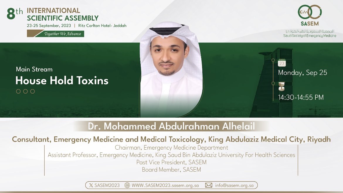 @sho0sho04 <a href="/SaudiEmergency/">SASEM</a> <a href="/bakhribah/">Ahmed Bakhribah</a> <a href="/MazenAlQasmi/">Malqasmi</a> 🚨🚨

Toxins in your own home? Yes! 

Toxicology talks with Dr. Mohammed Alhelail are never to be missed

<a href="/alhelail/">Dr Mohammed Alhelail د. محمد الهليل</a> 
Presenting: House hold toxins

🚨🚨