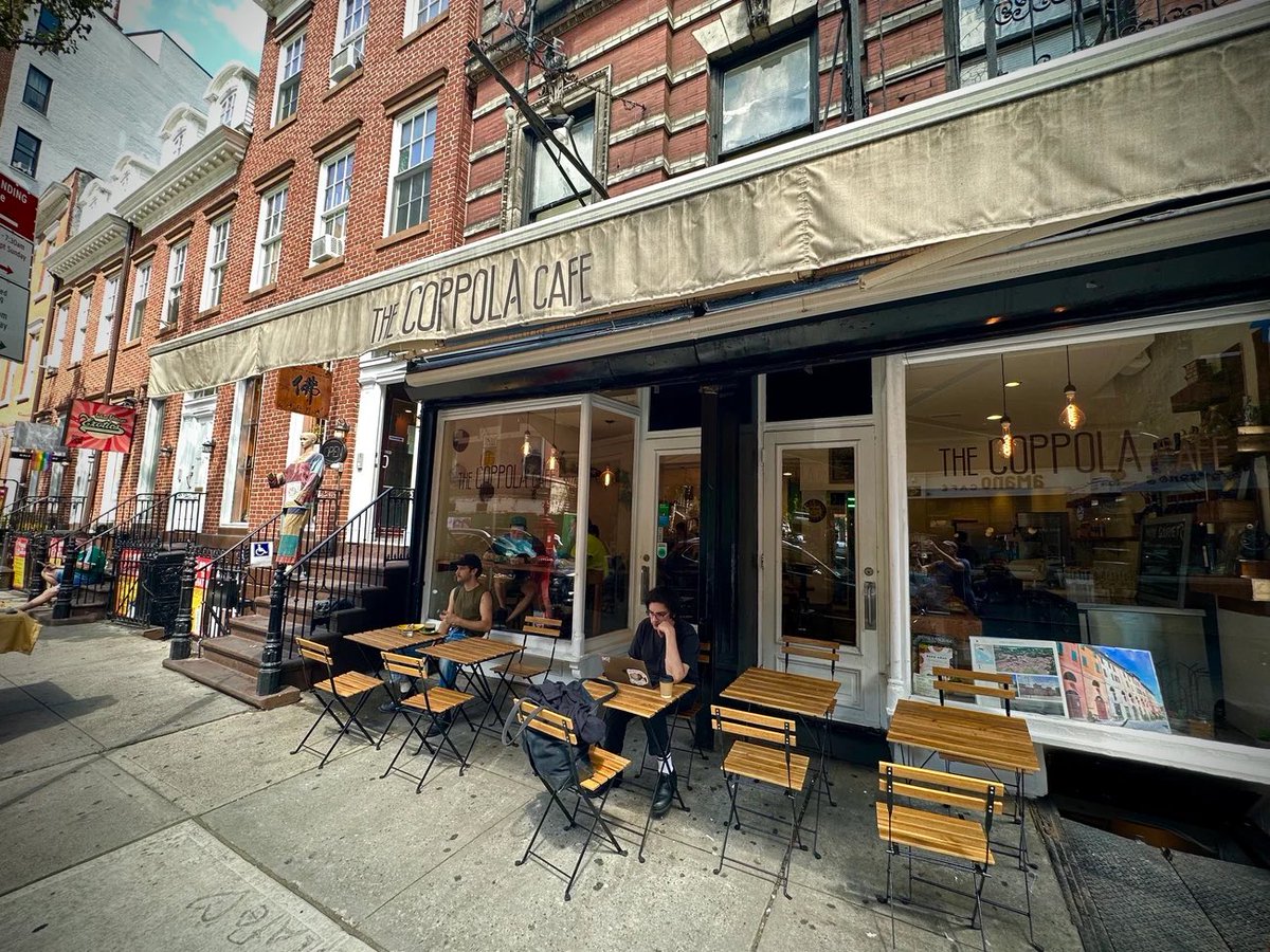 We were slightly torn on the Italian coffee — as a little while earlier (to the west) we’d discovered The Coppola Cafe just opposite Jones Street. The manager, Rezi, told us they served “the best espresso in New York City.” ☕️ 

sideways.nyc/discover/4Wheh…