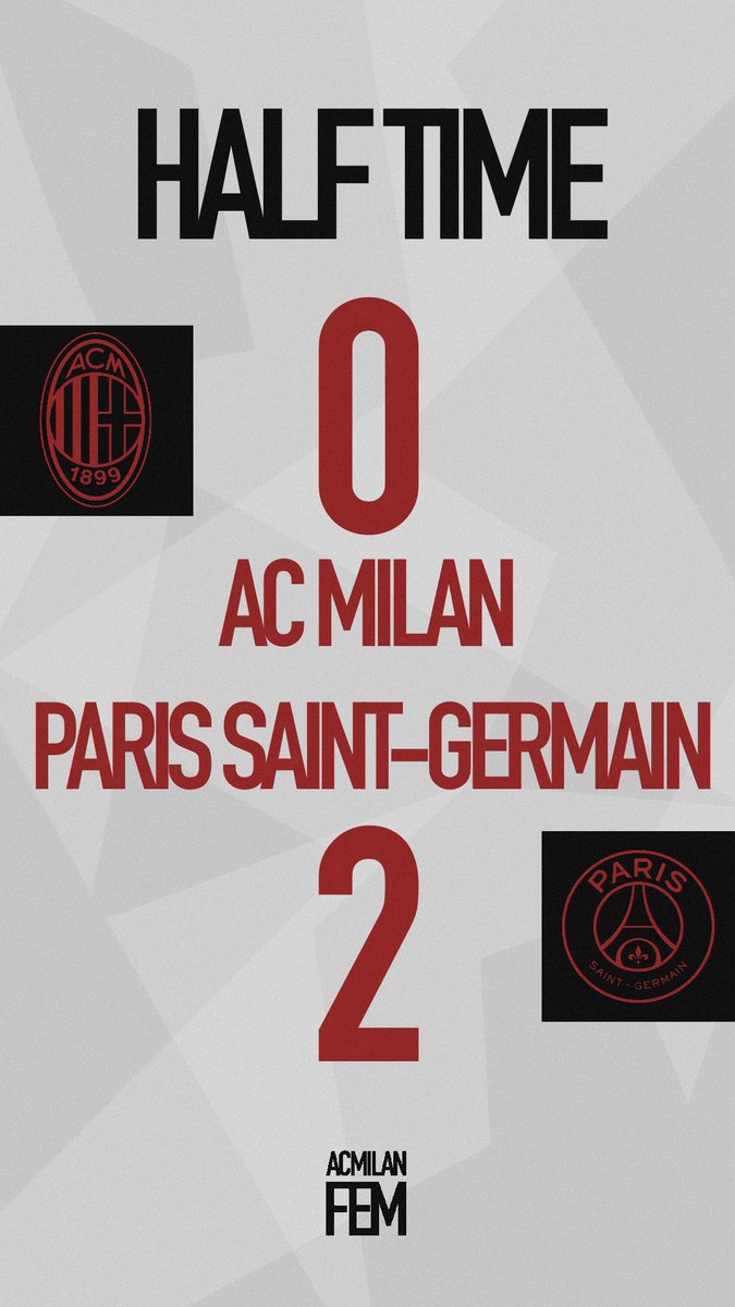 All’intervallo #MilanFemminile sotto 2 a 0. PSG che ha spinto costantemente trovando il goal due volte (evitabile il primo). Milan che ha impegnato il portiere avversario con Dompig e Berga ma ha subito troppo le parigine sulle fasce. Sotto col secondo tempo! 

#WomensFrenchCup