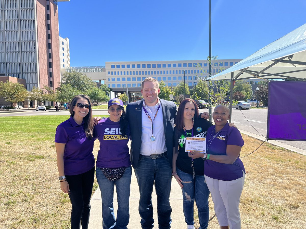 Kyle_Mullica's tweet photo. As a fellow nurse and state Senator I’m proud to stand in solidarity with the @kpthrive healthcare workers as they fight for fair wages and other protections. @SEIU105 #copolitics #coleg https://t.co/DKTRix8ke5