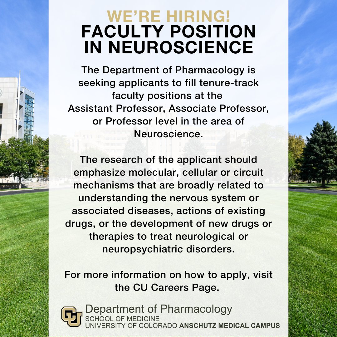 We are hiring for a Faculty Position in Neuroscience! Learn more about this faculty position and how to apply on the CU Careers platform: bit.ly/45vTve0

#hiring #professor #neuroscience #pharmacology #faculty #facultyrecruitment #research