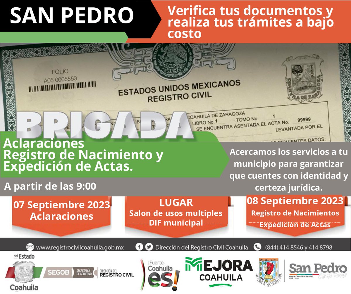 RcivilCoahuila's tweet photo. 📣 ¡ Atención Brigadas del Registro Civil Coahuila !
Verifica tus documentos y acércate a la que más cercana te quede, aprovecha esta oportunidad que te brinda el Gobierno del Estado y los Gobiernos Municipales de llevar nuestros trámites a bajo costo. https://t.co/azRxe73aB1