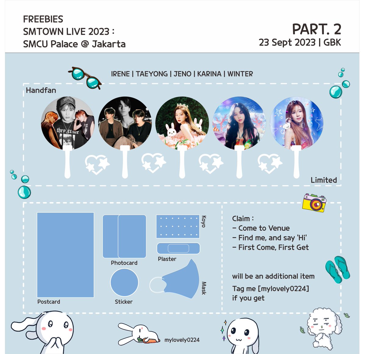 mylovely0224's tweet photo. [FREEBIES] Part. 2 Hanfan and etc. 

SMTown Live 2023 : SMCU Palace @ Jakarta   
🗓️23 Sept 2023  
📍GBK [Detail TBA]
⌚️ TBA

😎rt &amp; like are very appreciated 🤟

#IRENE #TAEYONG #JENO #KARINA #WINTER 
#RedVelvet #NCT #aespa 
#SMTOWN_LIVE_2023_JAKARTA #SMTOWNJAKARTA2023 #SMTOWN https://t.co/EGFhiDIJBI