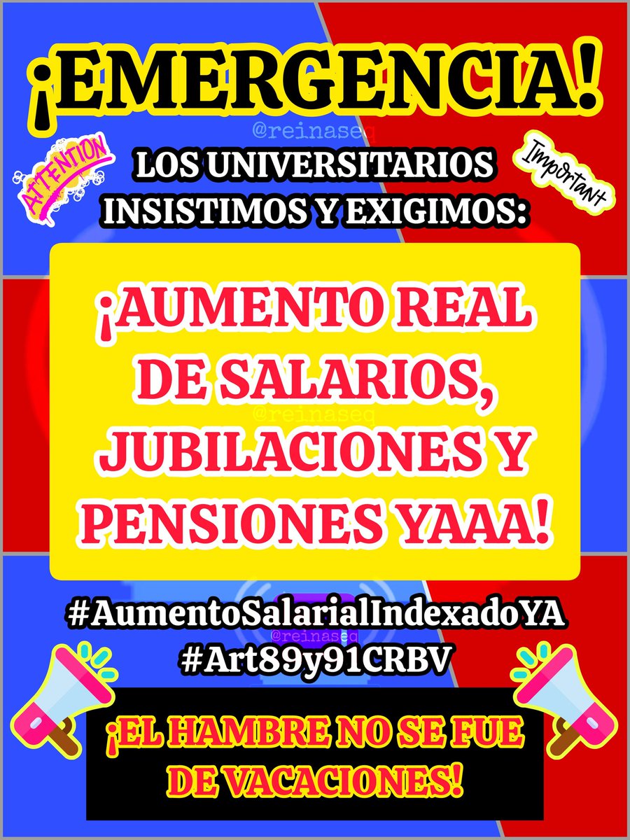 reinaseq's tweet image. 🚨 INSOSTENIBLE || FINALIZA AGOSTO CON #SalariosDePobrezaExtrema IMPUESTOS, APLANADOS, CONGELADOS Y PULVERIZADOS Q NO GARANTIZAN NUESTRA SEGURIDAD ALIMENTARIA Y SOCIAL

📢 LOS UNIVERSITARIOS INSISTIMOS Y EXIGIMOS  #AumentoSalarialIndexadoYA #Art89y91CRBV @OITAmericas @volker_turk
