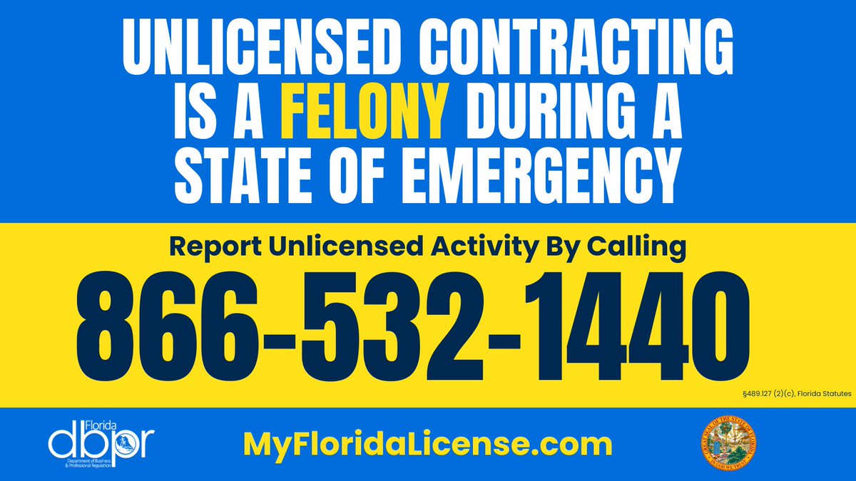 FloridaDBPR's tweet photo. Don't let unlicensed contractors take advantage of you.

-Know which repairs require a state license
-Verify a license at https://t.co/kqKV6GUmNG
-Ensure the state-issued license matches the ID
 
If you suspect unlicensed activity is happening, call the hotline at 866-532-1440. https://t.co/KGrLNLljPk