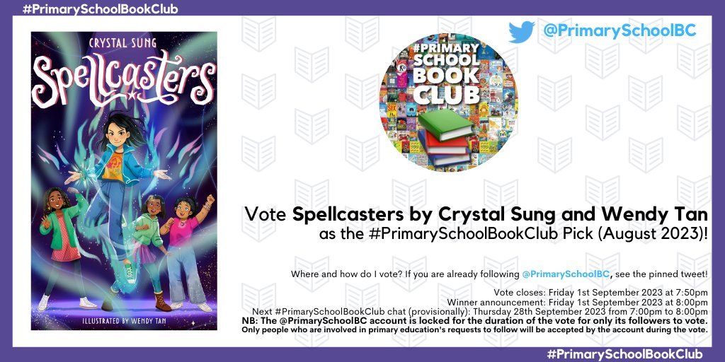 Please Vote for us! We're delighted that Spellcasters has been included in the #PrimarySchoolBookClub August 2023 vote this evening. Head to @PrimarySchoolBC and vote for it using the pinned tweet! Thanks for voting! @storymixstudio @HachetteKids Wendy Tan