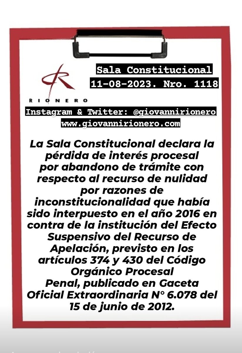 GiovanniRionero's tweet photo. #EfectoSuspensivo Reciente sentencia en la cual se declara el abandono de trámite con respecto al recurso de nulidad por razones de inconstitucionalidad que había sido interpuesto en el año 2016 en contra de la institución del Efecto Suspensivo del recurso de apelación. https://t.co/RtHqRdnPAx