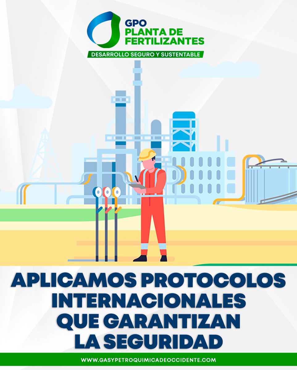 En GPO Planta de Fertilizantes, aplicamos protocolos internacionales que garantizan la seguridad y cumplimiento de todas las normas y estándares de la industria nacional e internacional.
.
.
.
#GPOtopolobampo #PlantadeFertilizantes #DesarrolloSeguroySustentable #Seguridad
