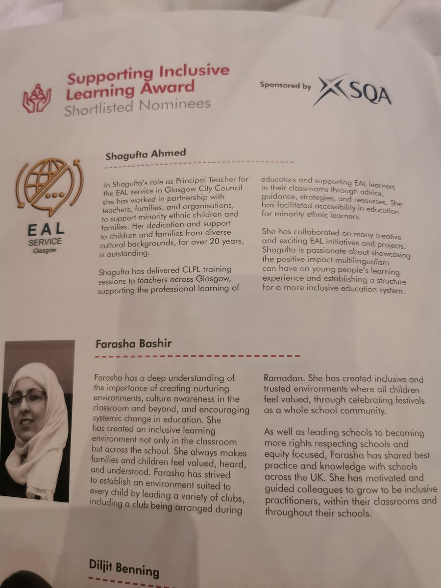 So proud of my buddies @BashirFarasha for their nominations and @EALShagufta for her commendation. Well deserved 🎉 #SameeAwards @EALGlasgow @UofGHeadship