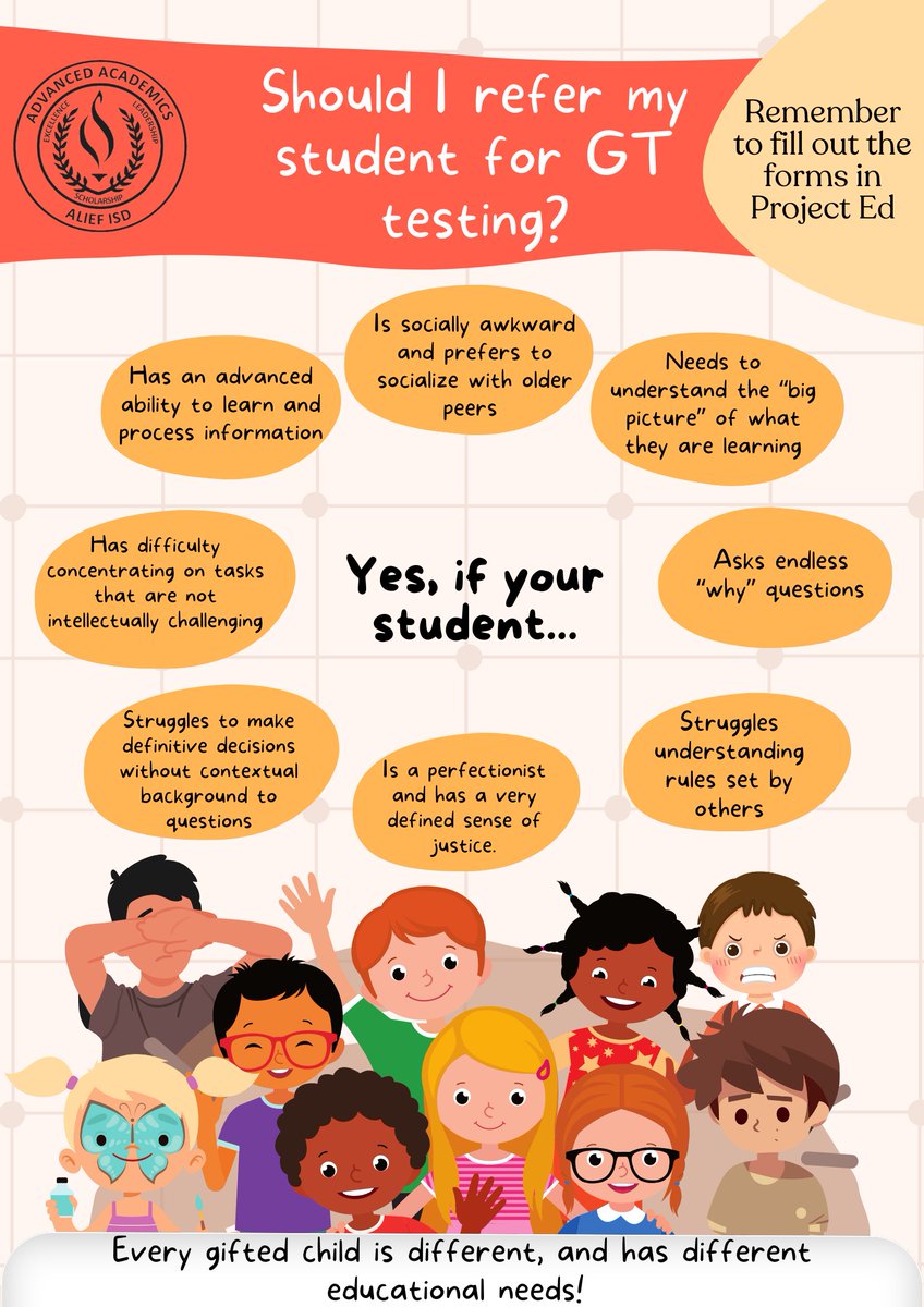 Teachers: Did you know you may have a Gifted and Talented student in your classroom? check some of the characteristics of a GT individual and fill out the forms in Project ED by September 30, 2023 to have your student tested. <a href="/AliefISD/">Alief ISD</a>