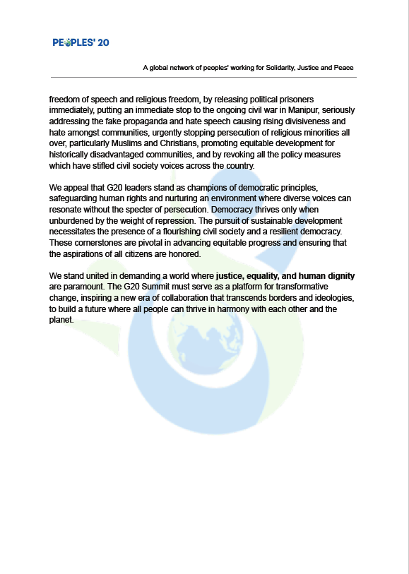 PEOPLES'20 (@peoples20forg20) on Twitter photo We present the "New Delhi Declaration on G20 Summit" with inputs from the PEOPLES’ 20 Assembly (23-24 August 2023, Constitution Club). We demand that it is time the #G20 summit serves as a platform for transformative change! <a href="/g20org/">G20 South Africa</a> <a href="/G20_Bharat/">G20 Bharat</a> <a href="/C20EG/">Civil20India2023</a> <a href="/DrSJaishankar/">Dr. S. Jaishankar</a> <a href="/amitabhk87/">Amitabh Kant</a> We present the "New Delhi Declaration on G20 Summit" with inputs from the PEOPLES’ 20 Assembly (23-24 August 2023, Constitution Club). We demand that it is time the #G20 summit serves as a platform for transformative change! <a href="/g20org/">G20 South Africa</a> <a href="/G20_Bharat/">G20 Bharat</a> <a href="/C20EG/">Civil20India2023</a> <a href="/DrSJaishankar/">Dr. S. Jaishankar</a> <a href="/amitabhk87/">Amitabh Kant</a>