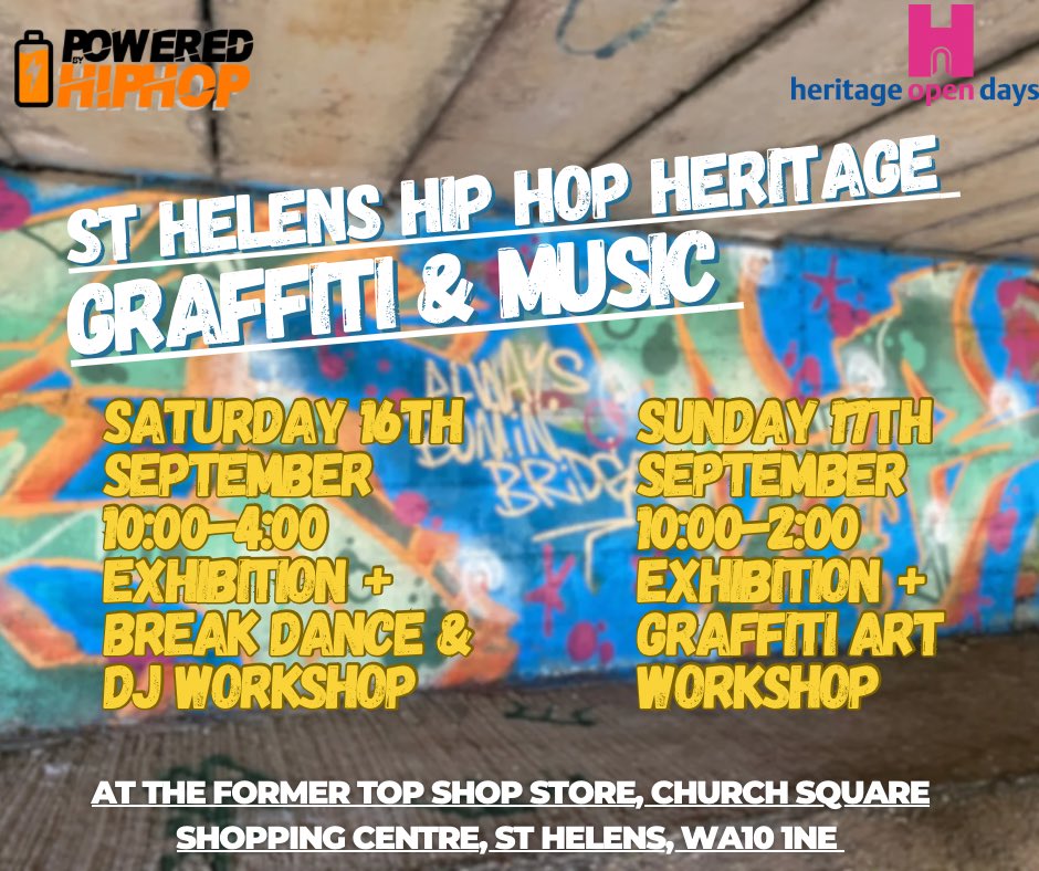 We’re now on count down until our <a href="/heritageopenday/">Heritage Open Days</a> event in <a href="/ChurchSquareSC/">Church Square Shopping Centre</a> 🤩🤩🤩 we’re exploring the St Helens Hip Hip History of music &amp; graffiti. 

Funded by <a href="/HeritageFundUK/">The National Lottery Heritage Fund</a> with workshops from <a href="/djrasp/">DJ Rasp</a> &amp; <a href="/kingsyzeGraff/">Kingsyze Graffiti</a>