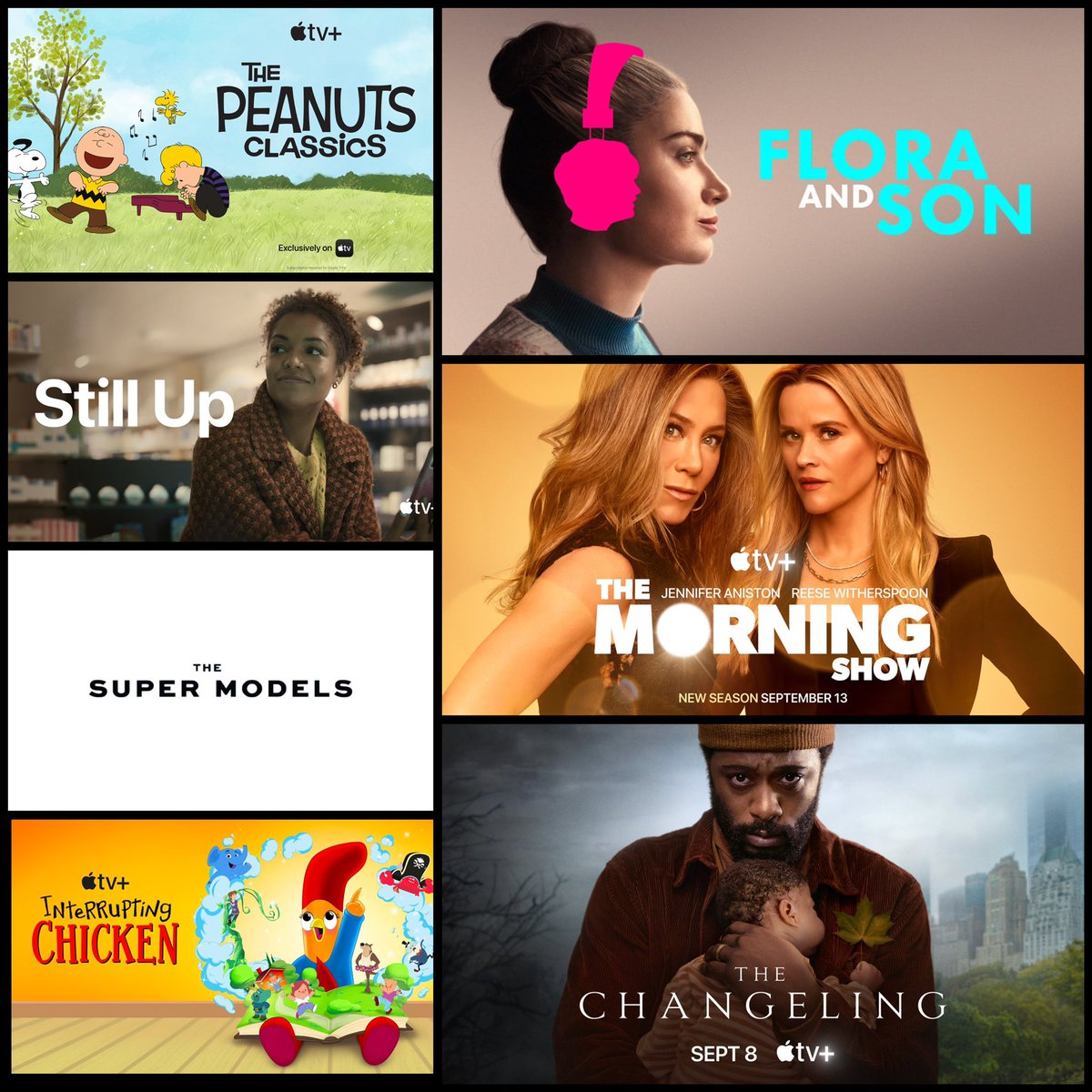 Here’s everything coming to #AppleTV+ in September!

Sep 8:
#TheChangeling

Sep 13:
#TheMorningShow (S3)

Sep 20:
#TheSupermodels

Sep 22:
#StillUp
#Peanuts Anthology III & IV

Sep 29:
Interrupting Chicken (S2)
#FloraAndSon

What are you most excited for?