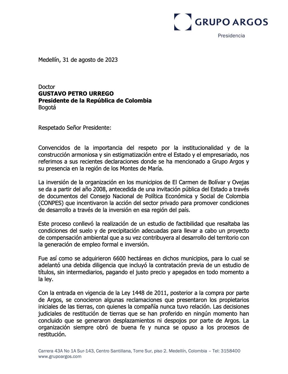 Grupo_Argos's tweet image. Carta al Presidente de la República, doctor Gustavo Petro