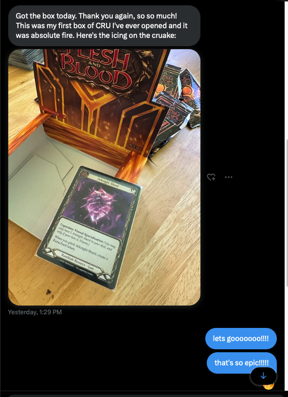 ThreeFloating's tweet image. Got this message from one of our giveaway winners 🤩🔥 Want the chance to open a fabled?! Make sure you share the next video with the #threefloating tag to enter! 
If you haven't shared our most recent vid with @ManSantFaB - we are extending the deadline to celebrate! Go get it!