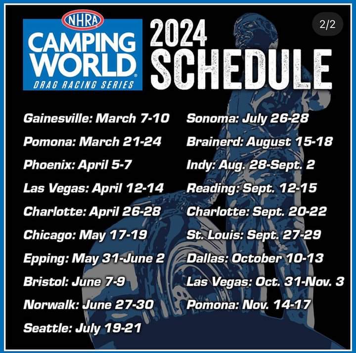 NancyMatter1's tweet image. @NHRA Championship Drag Racing  2024 Schedule.

@autolite @FRAM_Filters #PacSprings @DartonSleeves #DartonArmy #AutoliteAnnie #RedLineOil #System1OilFiltration #Ssi @PACRacing @Bulletcams @ToyotaRacing  #Camry #NitroMatters #NTXDiesel
#IBelieveInMe #Four71