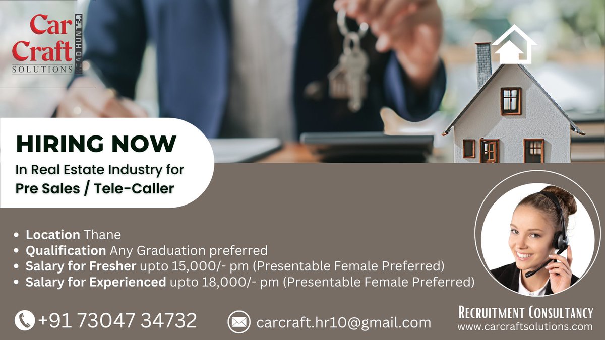 Urgent Openings in Real Estate at Thane

◾️Position: Pre-Sales Executive / Telecaller

E-mail resumes to carcraft.hr10@gmail.com

#RealEstate #realestateagent #realestateinvesting #thanecity #thanecityofficial #presale #jobsearch #opportunity