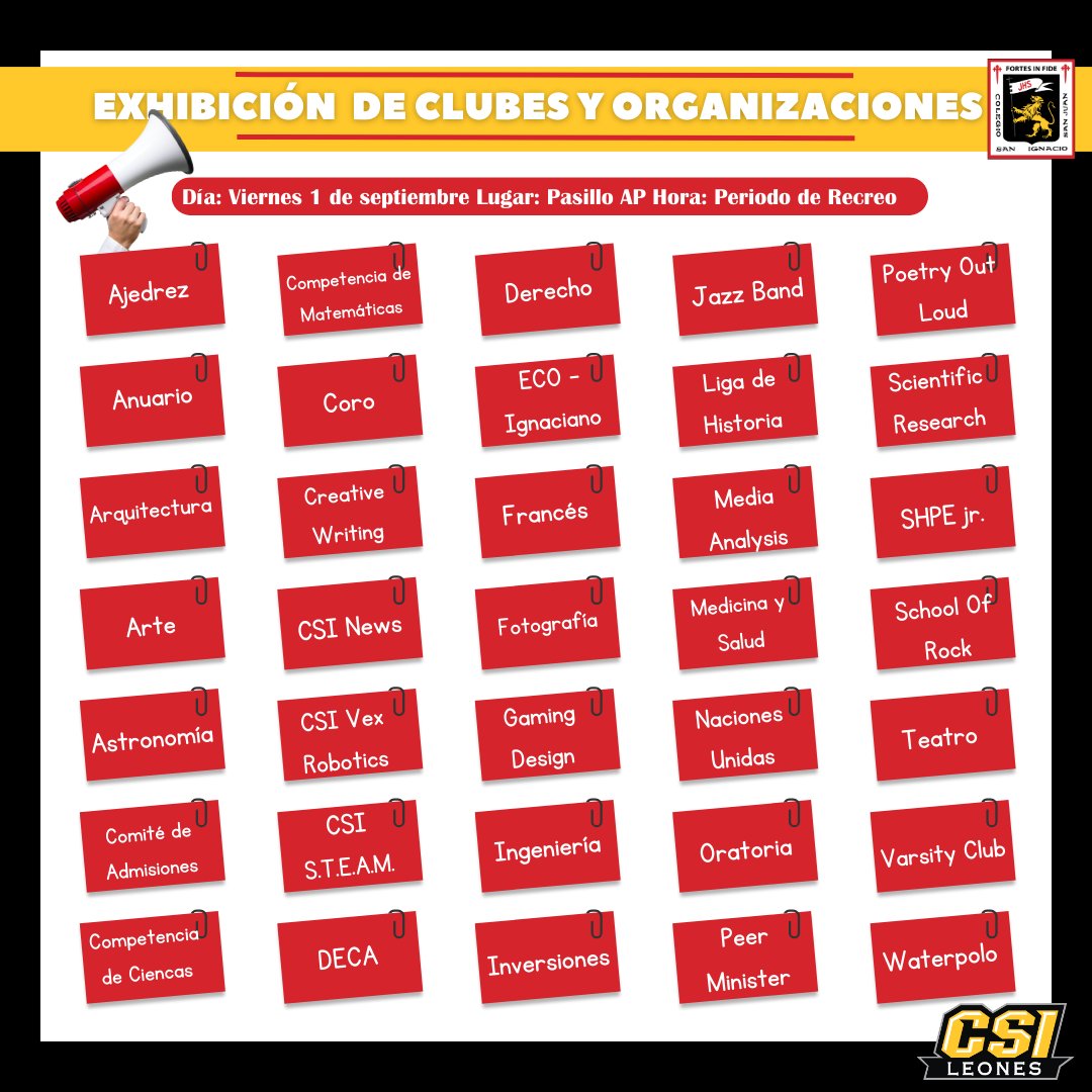ColSanIgnacioPR's tweet photo. #CSIClubes | Mañana viernes, 1 de septiembre: Exhibición de Clubes y Organizaciones Estudiantiles de 10:30 AM a 10:55 AM en el Pasillo Edificio Padre Pedro Arrupe, SJ | #CSILeones #AMDG #ColegioSanIgnacioPR https://t.co/kOehIXzyCG