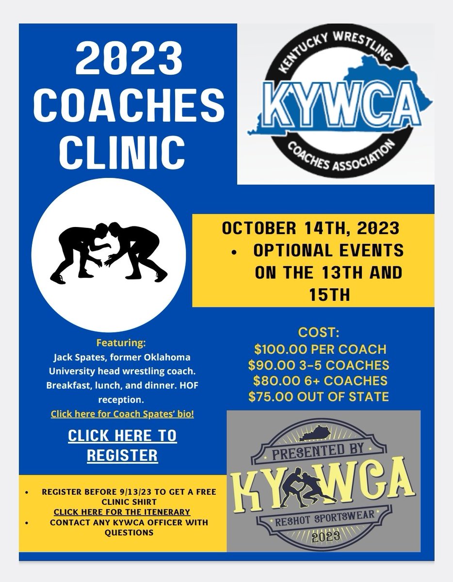 Its that time of year again! Join us for our annual fall coaches clinic! 

Registration- docs.google.com/forms/d/e/1FAI…

Itinerary- 
docs.google.com/document/d/1U7…

Coach Spates Bio- nwhof.org/national-wrest…