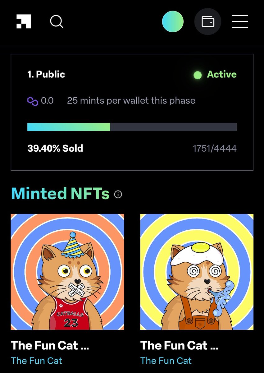 TheFunCat's tweet image. Thanks for your appreciation and support, The Fun Cat's next target is to reach 50% mint, 🙏🙏🙏🙏😺😺😺😺.

Supply 4444 (0.00 $MATIC) 

Mint at 👉 
launchmynft.io/collections/0x…

#NFTCommunity #onPolygon #PolygonCommunity #NFT #NFTCollection #NFTsales #mint #LaunchMyNFT #TheFunCat