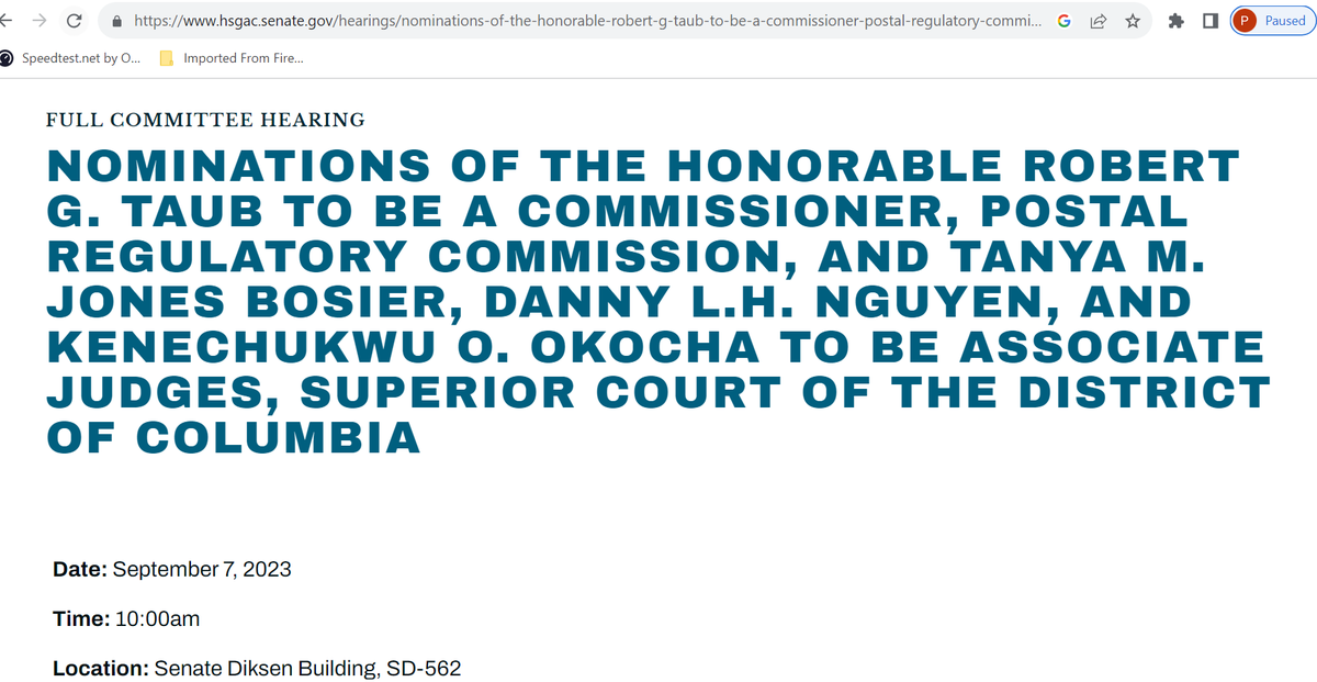 Notable Postal Service oversight development: Senate @HSGAC holding hearing on Robert Taub nomination to @PostalRegulator on Sept 7 @SenGaryPeters @SenRandPaul @PostCom2 @jheckmanWFED @NonProfitMailer @EricM_Katz @IMAGAssociation @kevinrkosar @napshq @savethepo @USPSReform @USGCA