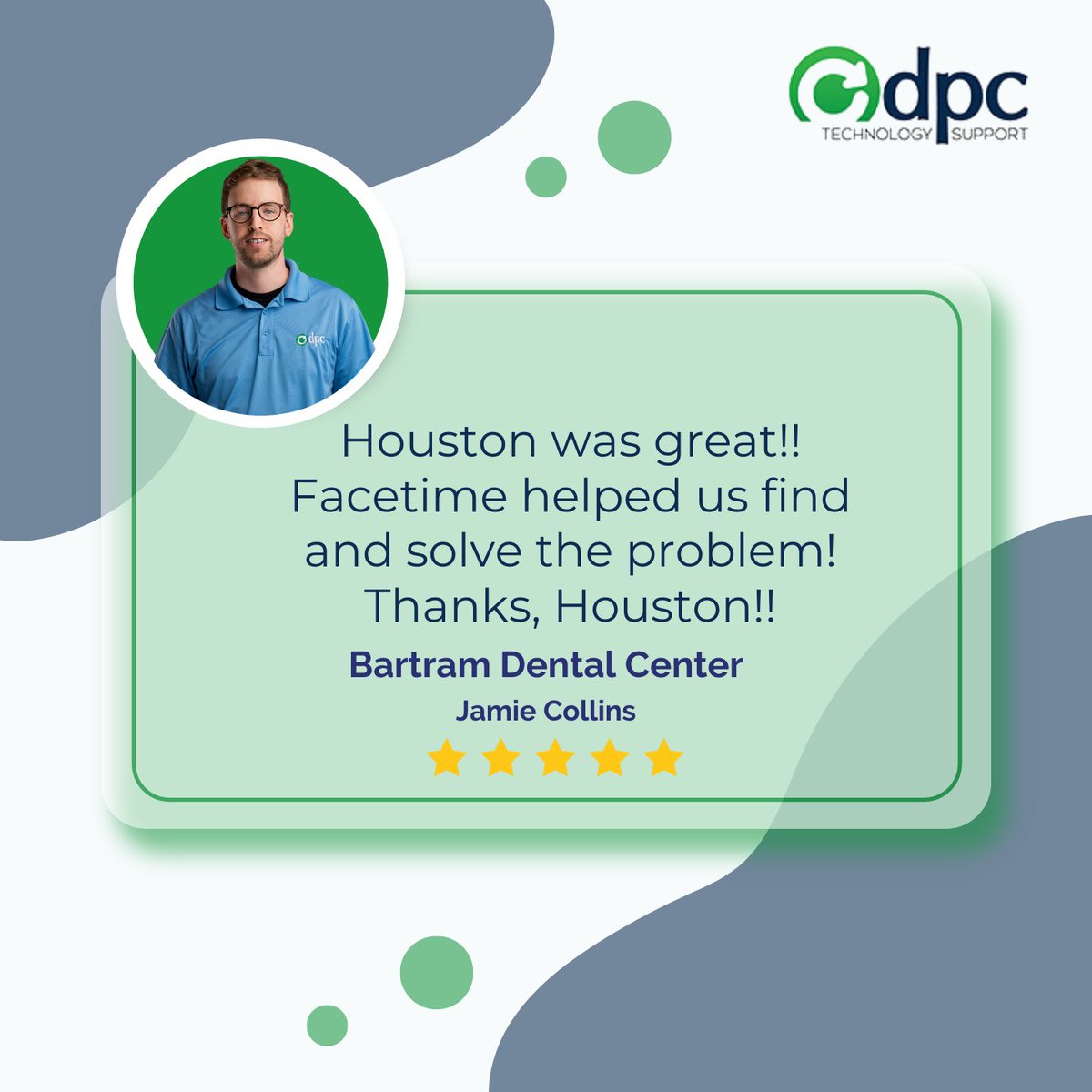DPCTechSupport's tweet image. We just wanted to take a moment to give a big shoutout to Jamie Collins from Bartram Dental Center for leaving us such an awesome review. We're so glad that Houston was able to help you out with your dental needs. 
.
.
.
#TestimonialThursday #5Stars @ITprovider #MSP