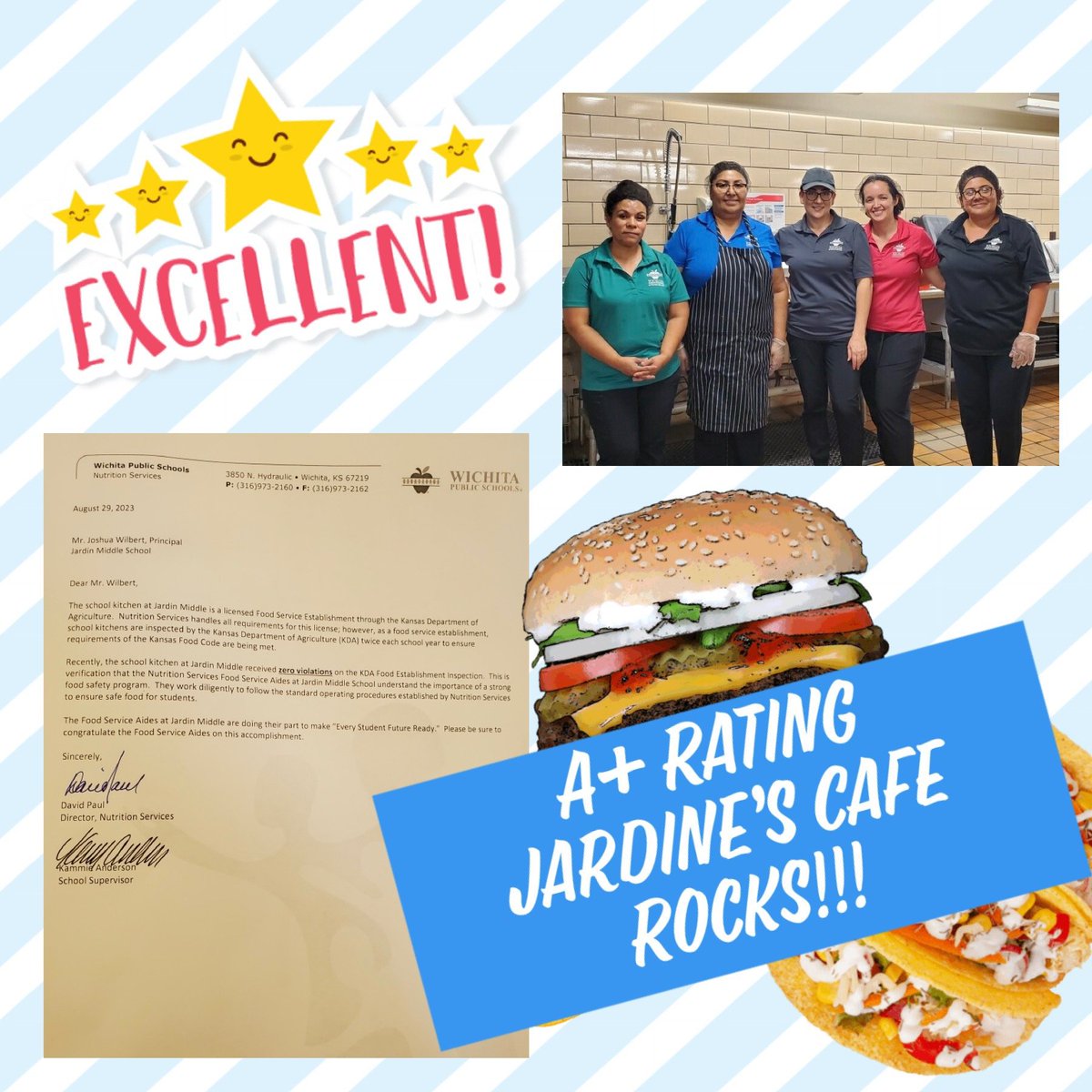 Congratulations to our fabulous cafeteria team for earning an excellent rating! <a href="/WichitaUSD259/">Wichita Public Schools</a> <a href="/jardineSTEM/">JardineJaguars</a>