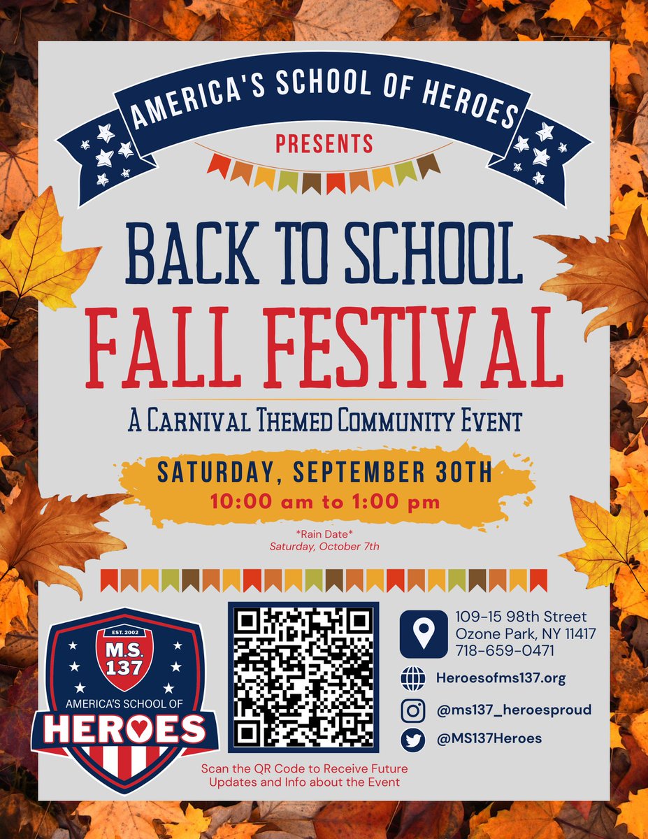 Welcome Back to School!!! We are excited to present our first ever Back to School Fall Festival on September 30th!!! We are so excited to see all our students and their families for the 2023-2024 school year!!! <a href="/D27NYC/">Community School District 27</a> <a href="/Principal_Trin/">Pamela Trincado</a>