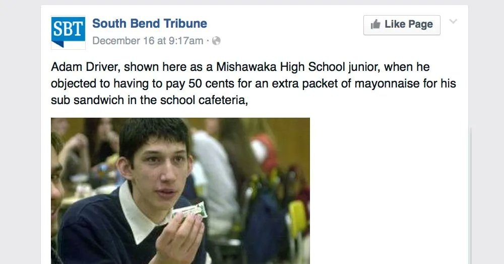 Adam Driver is back in the news, which means it is my sacred duty to repost that time he was in the local newspaper protesting the price of mayo packets.