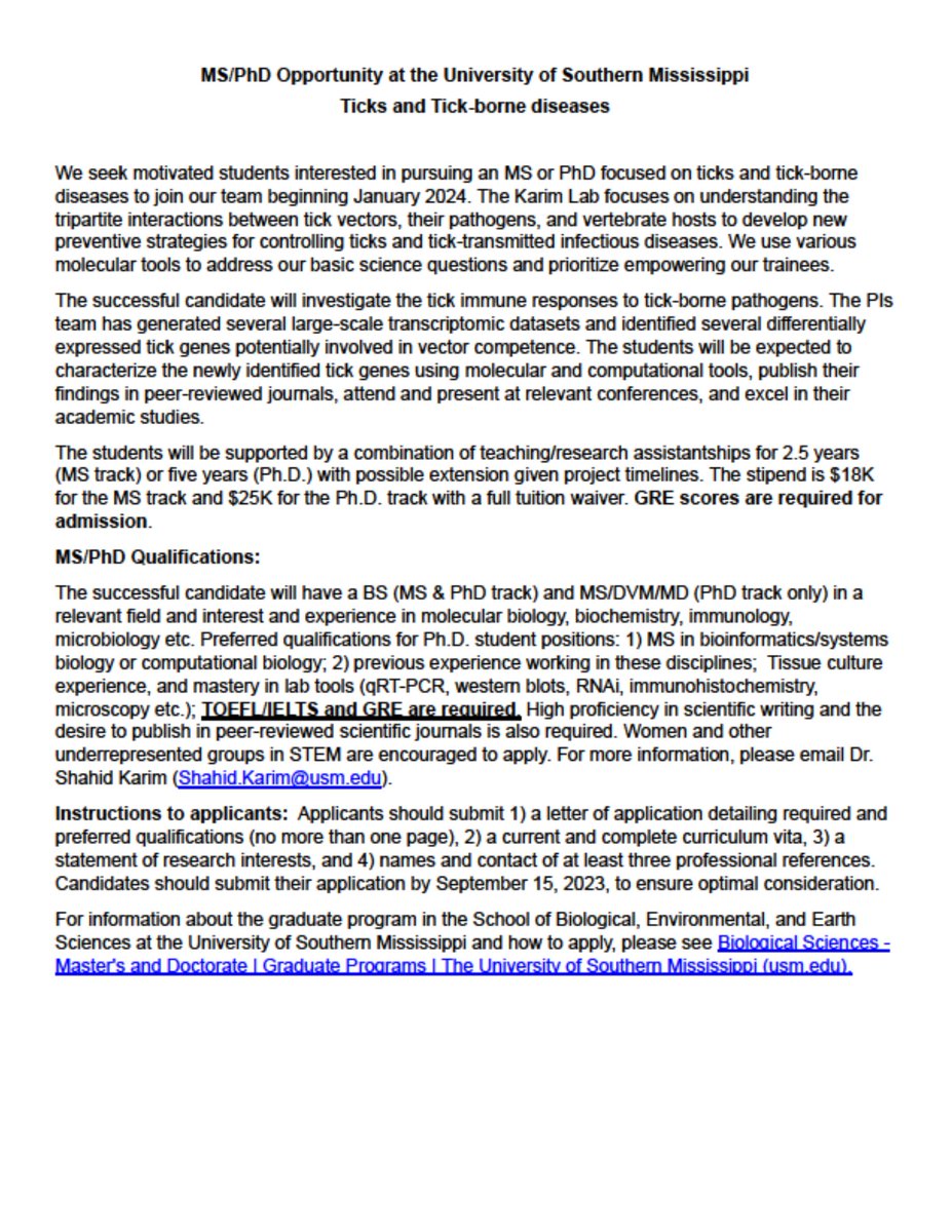 theticklab's tweet photo. I am looking for 2-3 graduate students to join my lab. Please see the attached flyer for details. Please share! #ticks, #rickettsiae https://t.co/vICs5rS93B