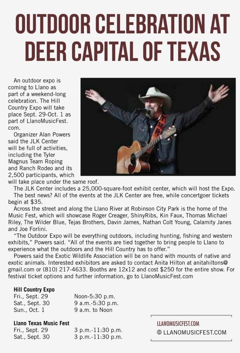 🎫 llanotexasmusicfestival.com
#llanomusicfest Sept 29-30th <a href="/shinyribs/">Mr Ribs</a> <a href="/rogercreager/">Roger Creager</a> <a href="/TheWilder_Blue/">The Wilder Blue</a> <a href="/tejasbrothers/">Tejas Brothers</a> <a href="/KinFaux/">Kin Faux Music</a> <a href="/tmrtexasmusic/">Thomas Michael Riley</a> <a href="/TxCalamityJanes/">Calamity Janes</a> #forlini #davinjames #nathancoltyoung <a href="/TylerMagnus/">Tyler Magnus</a> <a href="/HuntFishTX/">LoneStarOutdoorNews</a>