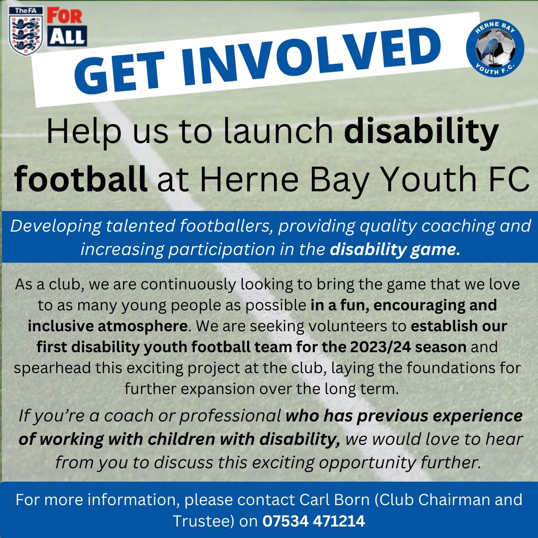 We are looking for volunteers to help us launch disability football at Herne Bay Youth FC #getinvolved #forall #weonlydopositive 🔵⚽⚪⚽