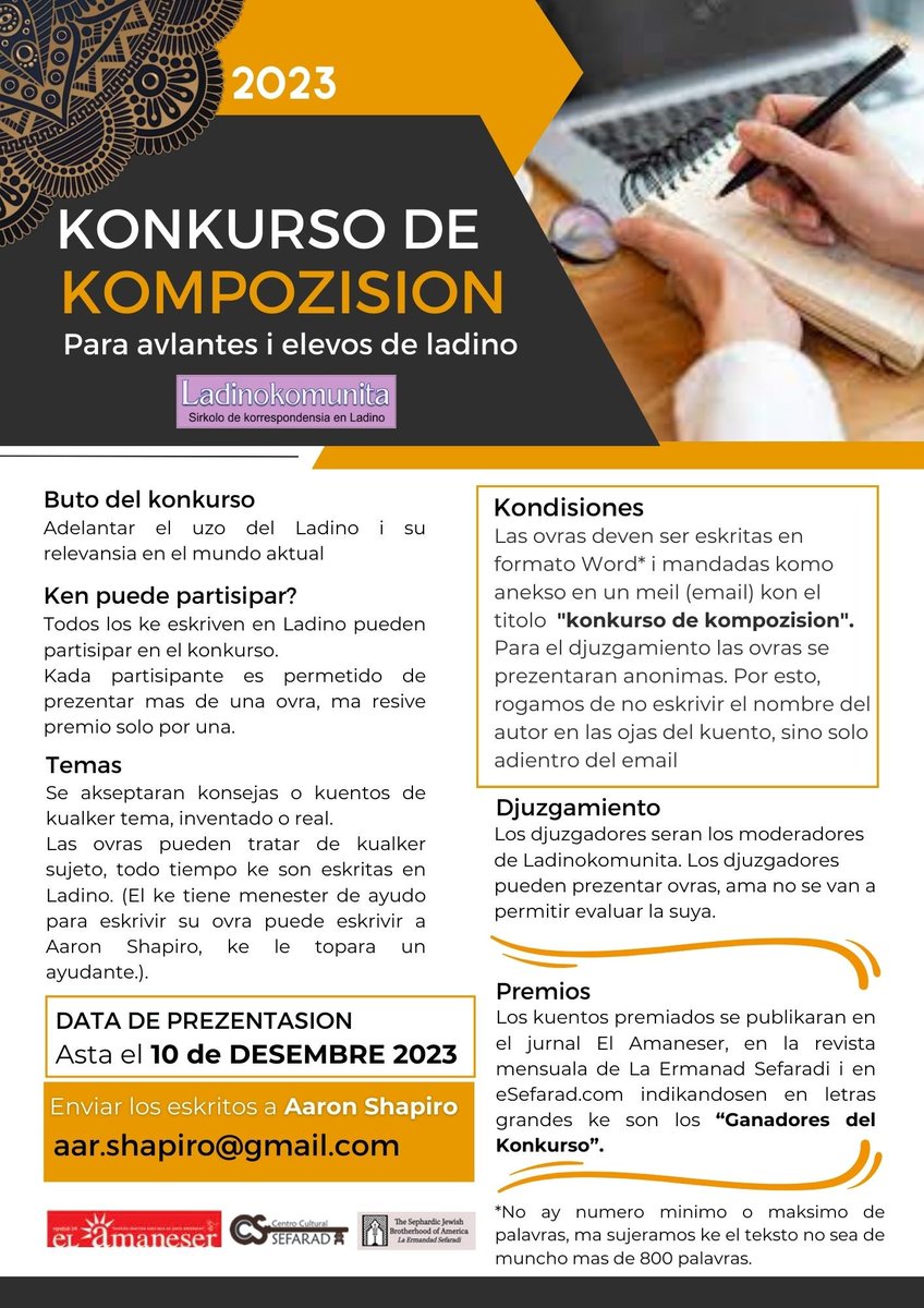 LadinoLinguist's tweet photo. Get out your #pendola 🖊️or #kalem ✏️ and your #tefter 📒and start writing in #Ladino, #pishin (immediately). Konkurso de kompozision, kon los detalios abasho! ✍️ https://t.co/Og4UVBbLcV