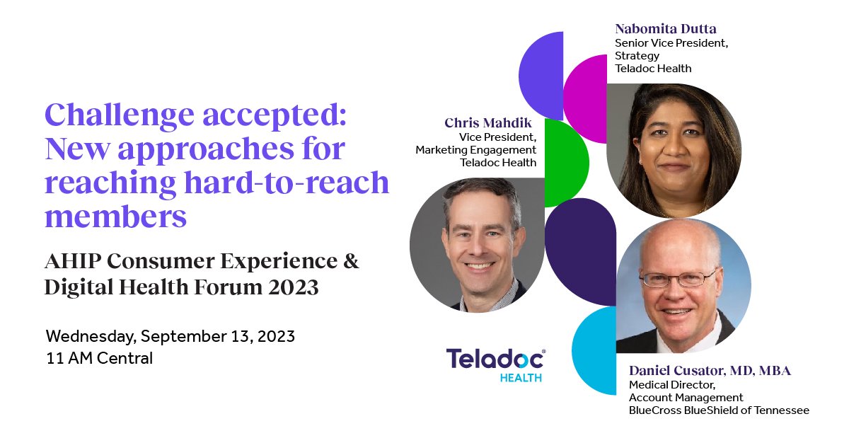 TeladocHealth's tweet photo. The right partnership --> novel engagement approaches --> reaching your toughest members --> equitable care. Learn how smarter engagement strategies can build more trust among even your hard-to-reach members. Join us at #AHIPDigital: https://t.co/HDCExoII1v

#VirtualCare https://t.co/2h0OpNZVs9