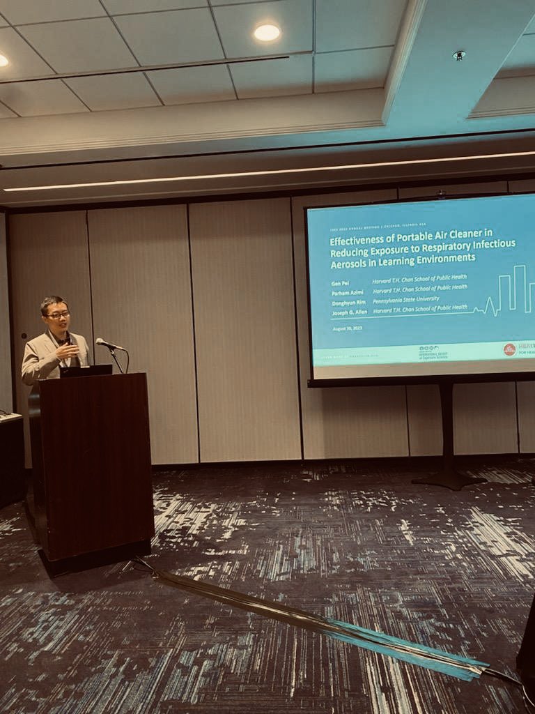Gen_Pei_'s tweet photo. Enjoying #ISES2023 with my amazing #HealthyBuildings teammate Chris Caballero. Chris gave an incredible talk on how hurricane and flooding affect IAQ and human health. I presented findings for optimizing implementation of PACs to help control airborne infections in classrooms. https://t.co/ITIfxgg8bh
