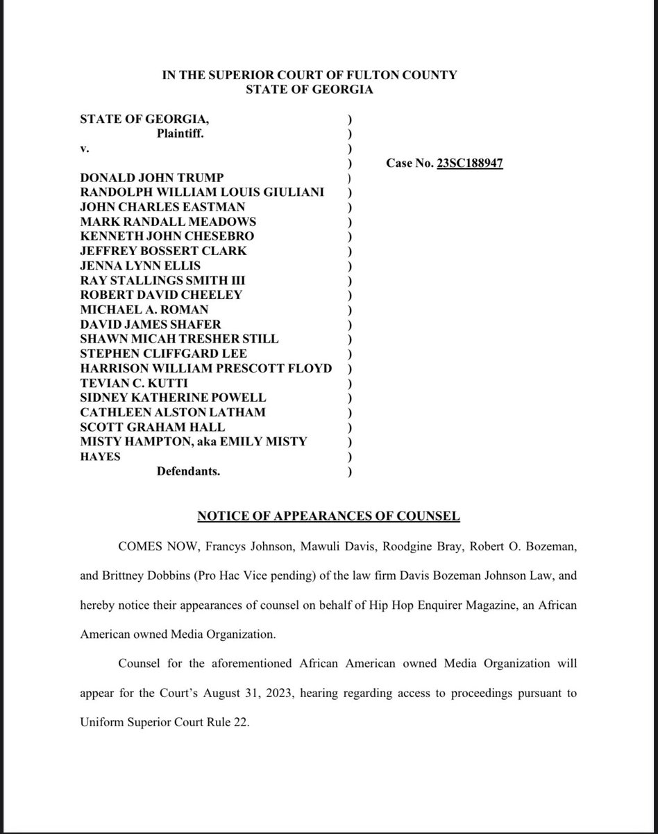MrDennisByron's tweet photo. Update! Davis Bozeman Johnson files entry to appear in the #DonaldTrump Georgia Election interference case to ensure African American owned media company has equal access to report the proceedings. #hiphopenquirer #blackmedia #poolcoverage #retained https://t.co/0cAJOyD4gZ