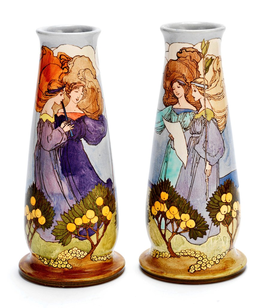 Pair of Doulton Lambeth Art Nouveau vases from 1900 by English artist Margaret Thompson.